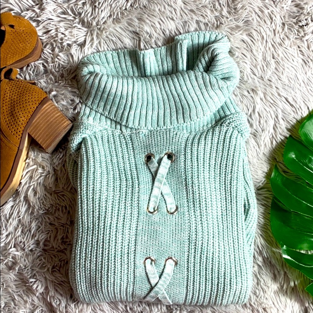 American rag teal knit grommet tie sweater Xs